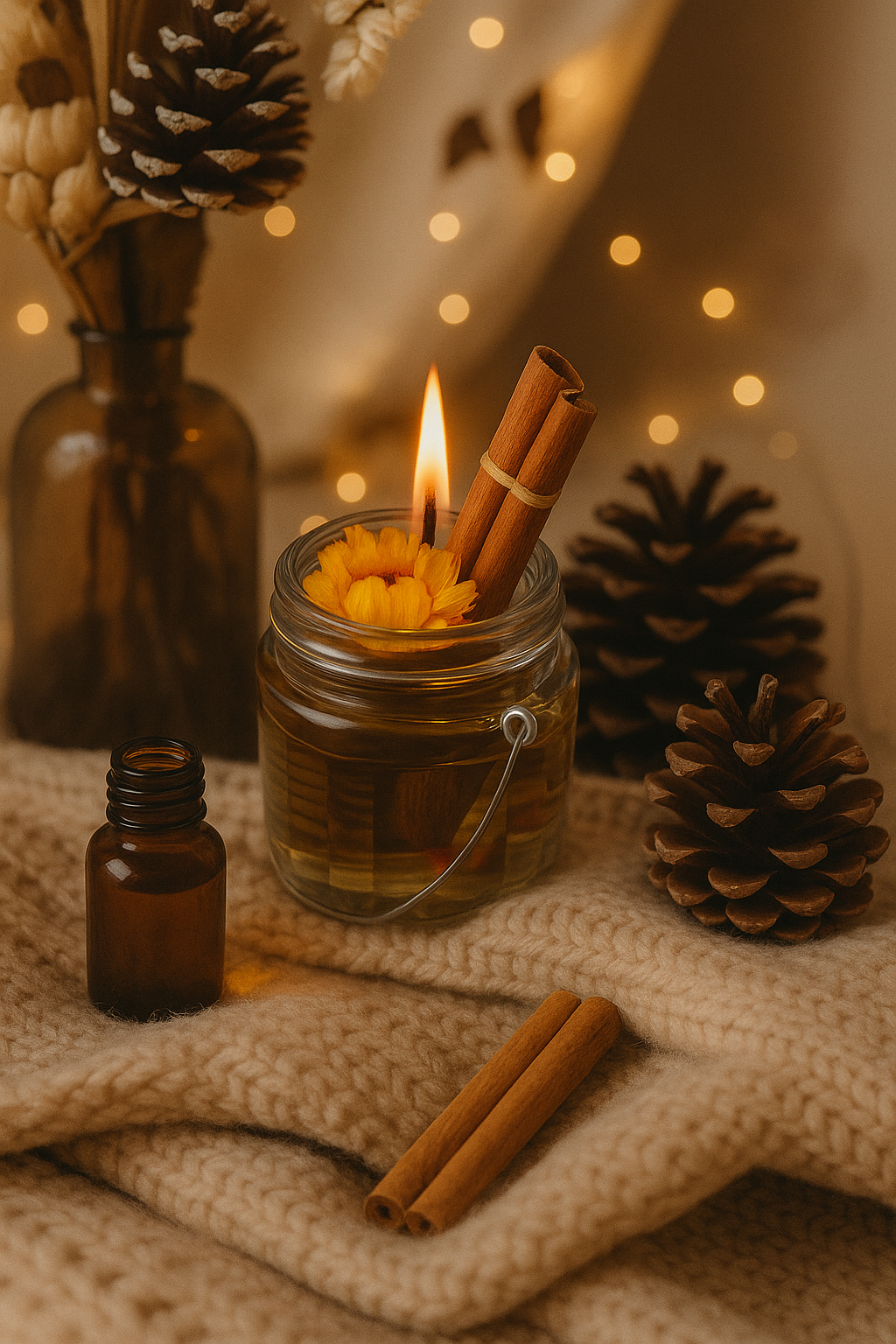 Kaneel Geurkaars in Gelwax – Met Kaneelstokje, Dennenappels, Kunstbloem & Potpourri