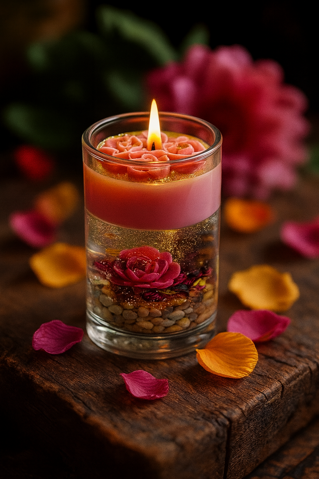 Luxe Bloemenkaars in Lang Glas – Gel & Soyawax – Bloemengeur, Glitter & Kunstroosjes