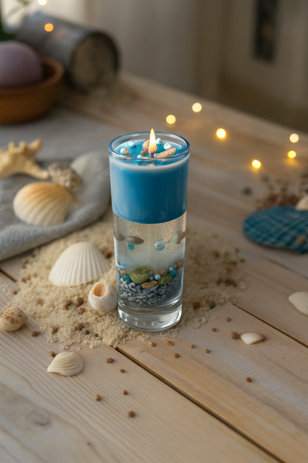 Ocean Dream Kaars – Lang Glas – Gel & Soyawax – Zeegeur, Schelpen, Parels & Glitter